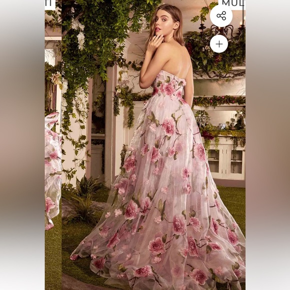 Strapless Floral Printed Organza A-line Slit Dress by Andrea and Leo size 4! - Picture 1 of 6